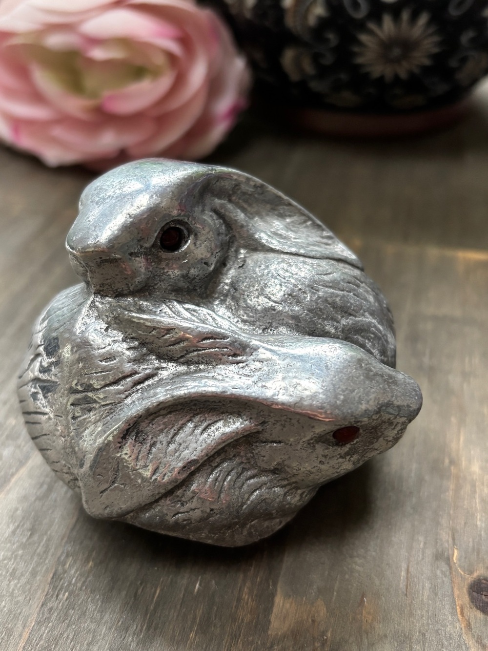Vintage Aluminum Snuggling "Intertwined" Rabbits Paperweight